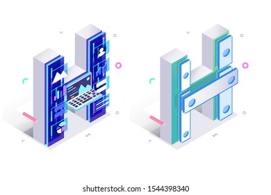 Letters H with with graphic charts elements vector illustration. Creative 3d isometric design of alphabet sign with personal data, graph, chart symbols. Internet technology concept