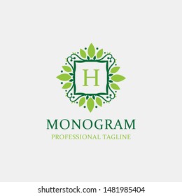 Letters H Logo Monogram with the concept of elegant leafs. Modern design with green coloring. - Vector file
