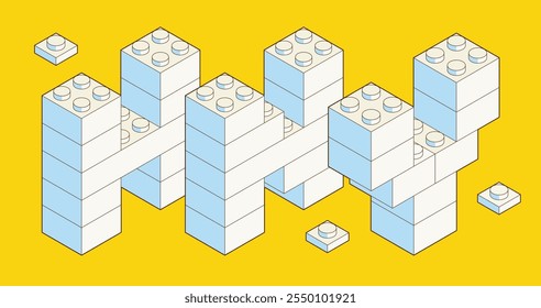 Letters H, N, Y from Plastic building blocks. Colored bricks isolated on white background. Happy New Year Vector isometric 3d illustration.