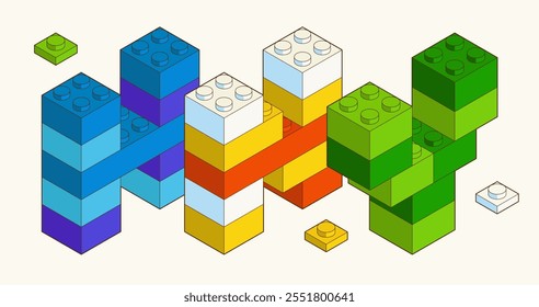 Letters H, N, Y from Plastic building blocks. Colored bricks isolated on white background. Happy New Year Vector isometric 3d illustration.