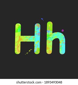 Letras H en mayúscula y minúscula con efecto de manchas líquidas de pintura en colores verde, amarillo, naranja, azul, aisladas en gris oscuro. Elemento de decoración para el diseño de un volante, cartel, título. Vector