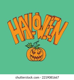 Letters HALLOWEEN with pumpkin on a green background