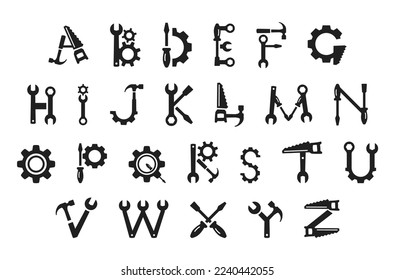 Letters hand tools black monochrome alphabet font set vector illustration. Education reading writing creative mechanical equipment childish school learning maintenance workshop repair element