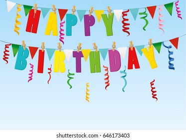 The letters of Happy Birthday hang on clothespins on a rope. Garland of a flag and colorful confetti. Vector. Postcard or invitation for a holiday