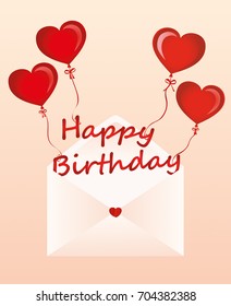 Letters of happy birthday on the balls in the form of a heart fly out of the envelope. Greeting card or invitation for a holiday. Vector. Copy space for text.