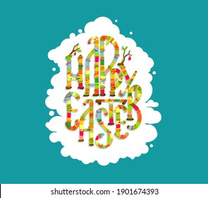 Die Briefe von Happy Oaster sind auf dem Hintergrund des Eis geschrieben. Banner mit einem hellen Osterei und kreativen Urlaubswünsche auf dem Hintergrund von Wolken. Vektorgrafik im Cartographie-Stil
