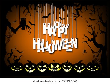 Letters happy halloween hanging on a ropes in frame terrible forest and pumpkins. Vector illustration