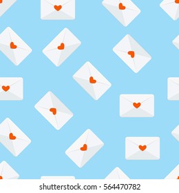 Letters with heart. Vector illustration. Envelope icons. Love mail. Valentine day greeting card seamless background.