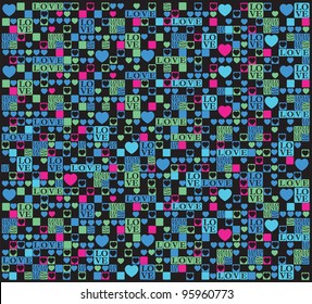 Letters and hearts neon background