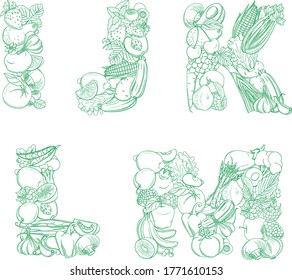 Letras i, j, k, l, m logotipo de patrón de comestibles granjas orgánicas frutas y verduras frescas. Logotipo de ilustración vectorial. Esquema de diseño de estilo de línea delgada. Fondo blanco