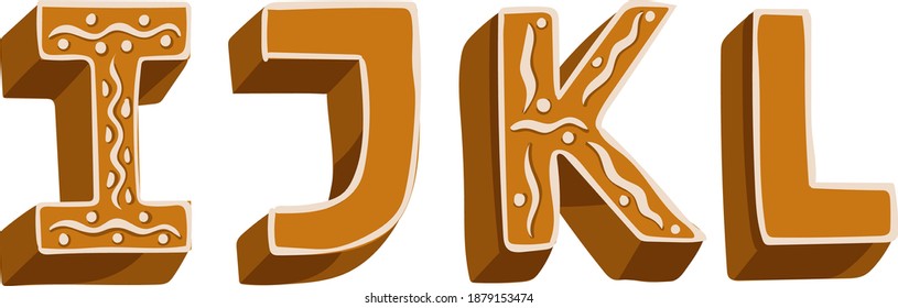 Letters I, J, K, L in the form of homemade Christmas cookies with white icing. White background, vector drawing. for the design of holiday texts.