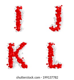 Letters I, J, K, L made of paper hearts