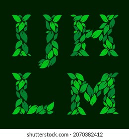 Letters I, J, K, L, M made of green leaves. Stock vector illustration for your logo design.