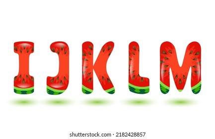 Letters I, J, K, L, M made of watermelon. Cartoon fruit alphabet. Summer design element. Stock vector illustration for logo design.