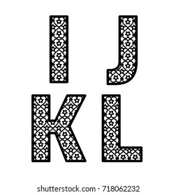 Letters I, J, K, L for laser cutting. Initial monogram letters. Alphabet characters. Decorative paper font template. Vector numeric date for wedding invitation and birthday card.