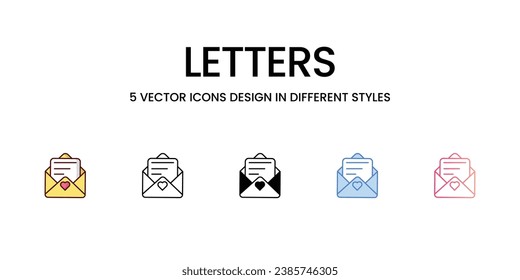 Letras Iconos de diseño en cinco estilos con pulsación editable. Línea, Sólido, Línea plana, Color de tono Duo y Línea de degradado de color. Adecuado para diseño de páginas Web, aplicaciones móviles, UI, UX y GUI