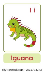 As letras I são para Iguana. Animal Flashcard printable aprender letras Alfabeto abc Inglês para crianças educação e atividade de jogo. Planilhas de jardim de infância e pré-escola imprimíveis para crianças.