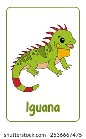 As letras I são para Iguana. Animal Flashcard printable aprender letras Alfabeto abc Inglês para crianças educação e atividade de jogo. Planilhas de jardim de infância e pré-escola imprimíveis para crianças.