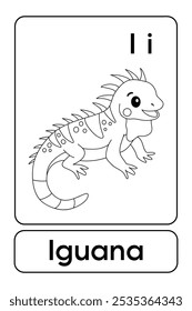 As letras I são para Iguana. Páginas para colorir Iguana. Animal Flashcard printable aprender letras Alfabeto para a educação das crianças e atividade de jogo. Planilhas de jardim de infância e pré-escola imprimíveis para crianças.