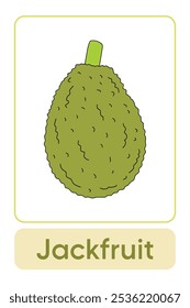 Letras J é para Jackfruit. Frutas e legumes Flashcard imprimível aprender letras Alfabeto inglês para a educação das crianças e atividade de jogo. Planilhas de jardim de infância e pré-escola imprimíveis para crianças.