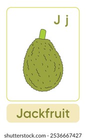 Letras J é para Jackfruit. Frutas e legumes Flashcard imprimível aprender letras Alfabeto inglês para a educação das crianças e atividade de jogo. Planilhas de jardim de infância e pré-escola imprimíveis para crianças.