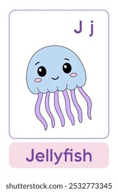 Letters J is for Jellyfish. Animal Flashcard printable learn letters Alphabet abc english for kids education and game activity. Kindergarten and preschool worksheets printable for kids.