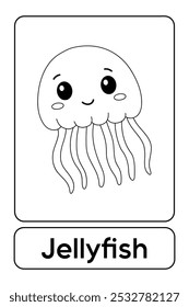 Letters J is for Jellyfish. Jellyfish coloring pages. Animal Flashcard printable learn letters Alphabet for kids education and game activity. Kindergarten and preschool worksheets printable for kids.