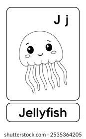 Letters J is for Jellyfish. Jellyfish coloring pages. Animal Flashcard printable learn letters Alphabet for kids education and game activity. Kindergarten and preschool worksheets printable for kids.