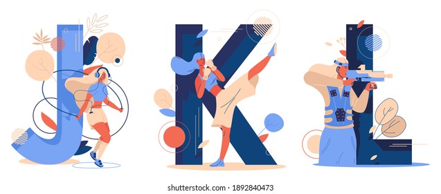 Letters J K L collection with women training kickboxing, laser tag and jumping rope. Sport and healthy lifestyle collection good for wellness web page