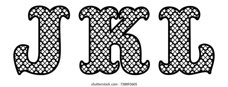 Letters J, K, L for laser cutting. Initial monogram letters. Alphabet characters. Decor font for paper or die cut. Vector lettering for invitation, baby shower, birthday card, scrapbooking, wedding
