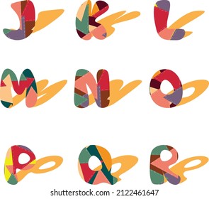 Letters J, K, L, M, N, O, P, Q, R with a pattern of patches and long shadows