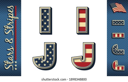 Letters I and J. Stylized vector initials with USA flag elements and colors, isolated on white, with example on dark background.