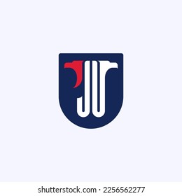 Letters J and U with the heads of an eagle or a griffin on the shield. Concise logo with monogram JU or UJ. An emblem for fans of esports or an airsoft team.