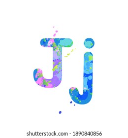 Letters J uppercase and lowercase with effect of liquid spots of paint in blue, green, pink colors, isolated on white background. Decoration element for design of a flyer, poster, cover, title. Vector