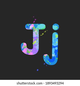 Letters J uppercase and lowercase with effect of liquid spots of paint in blue, green, pink colors, isolated on dark grey. Decoration element for design of a flyer, poster, cover, title. Vector