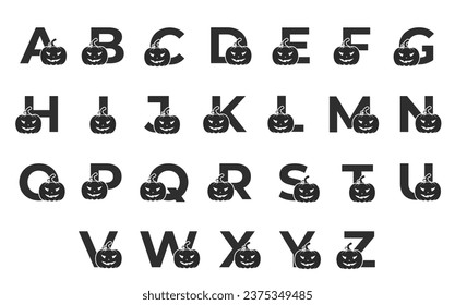 letters with jack o lantern. halloween and autumn alphabet design. pumpkin face isolated vector image in simple style