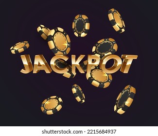Letters Jackpot with poker chips, tokens explosion, and lights, rays, glare on black background. Concept for casino design. Vector illustration for postcard, web, advertising.