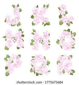 Letters J-R of the English alphabet from pink apple blossoms flowers, isolate on a white background, font for festive decoration of weddings, birthdays, celebrations
