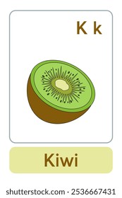 Letters K is for Kiwi. Fruit Flashcard printable learn letters Alphabet english for kids education and game activity. Kindergarten and preschool worksheets printable for kids.