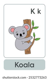 Letras K é para Koala. Animal Flashcard printable aprender letras Alfabeto abc Inglês para crianças educação e atividade de jogo. Planilhas de jardim de infância e pré-escola imprimíveis para crianças.