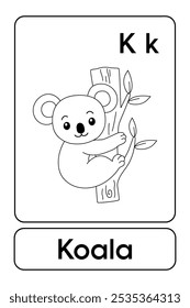 Letters K is for Koala. Koala coloring pages. Animal Flashcard printable learn letters Alphabet english for kids education and game activity. Kindergarten and preschool worksheets printable for kids.