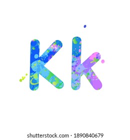 Letters K uppercase and lowercase with effect of liquid spots of paint in blue, green, pink colors, isolated on white background. Decoration element for design of a flyer, poster, cover, title. Vector