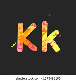 Letters K uppercase and lowercase with effect of liquid spots of paint in yellow, orange, purple colors, isolated on dark grey. Decoration element for design of a flyer, poster, cover, title. Vector