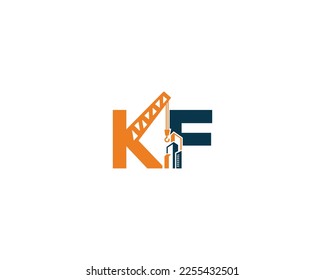 letters KF with crane and building real estate Construction Logo. Contractor and construction work Creative vector illustration.