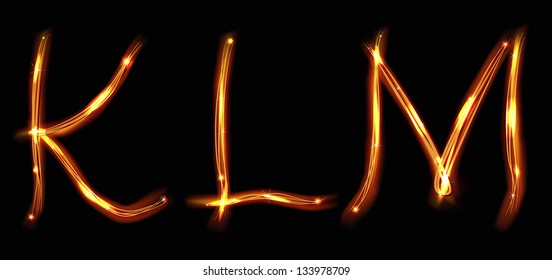 Letters KLM drawn in fire over black style glowing in the night. Vector illustration.