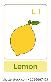 Letters L is for Lemon. Fruit and Vegetable Flashcard printable learn letters Alphabet english for kids education and game activity. Kindergarten and preschool worksheets printable for kids.