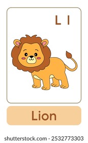 Letras L é para Leão. Animal Flashcard printable aprender letras Alfabeto abc Inglês para crianças educação e atividade de jogo. Planilhas de jardim de infância e pré-escola imprimíveis para crianças.