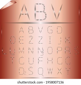 Letters of the Latin alphabet on one board in the symbolic shape of a needle