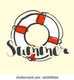 letters with Lifebuoy on cream background, summer vector illustration