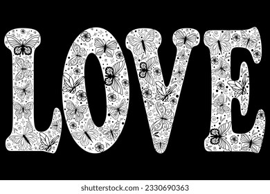 letters "love" from flying butterflies with abstract shapes